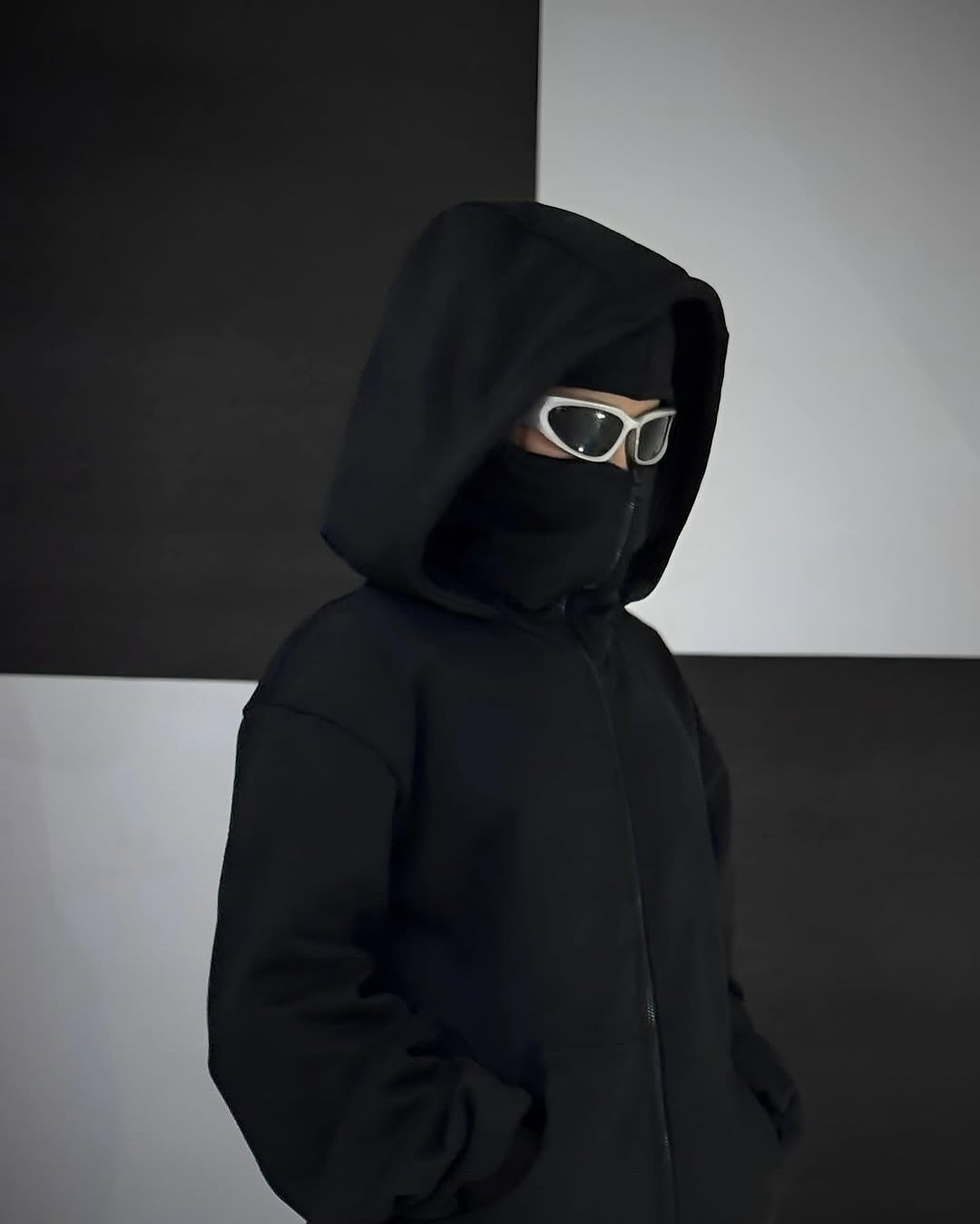 Black Balaclava Hoodie with built-in ski mask – front view