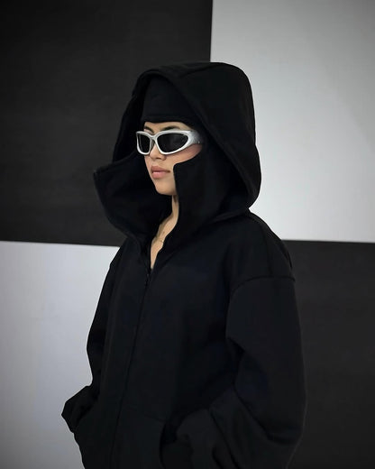 Side profile of Balaclava Hoodie with ninja-style hood