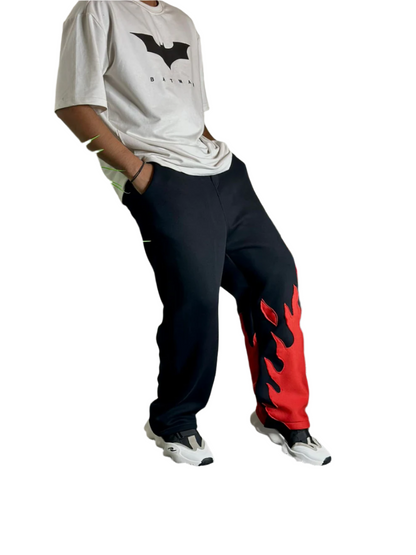 Black and Red Fire Track Pants - Stylish Streetwear Bottoms